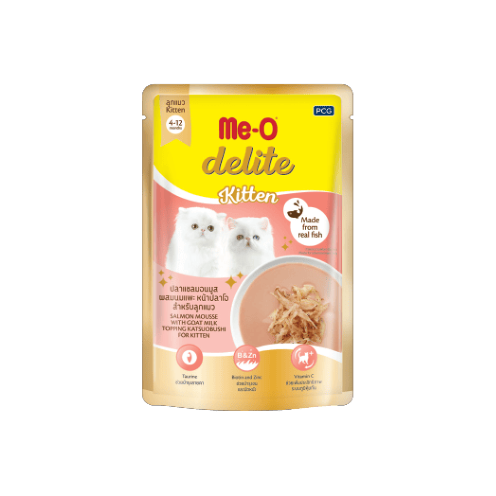 Me-O Delite Wet Cat Food Salmon Mousse With Goat Milk Topping Katsuobushi For Kitten